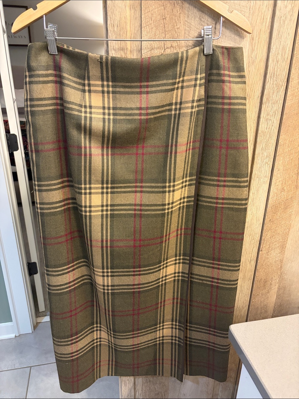 Talbots wool 16 Olive Plaid Midi Skirt Cream Red Accents faux wrap back zip vntg